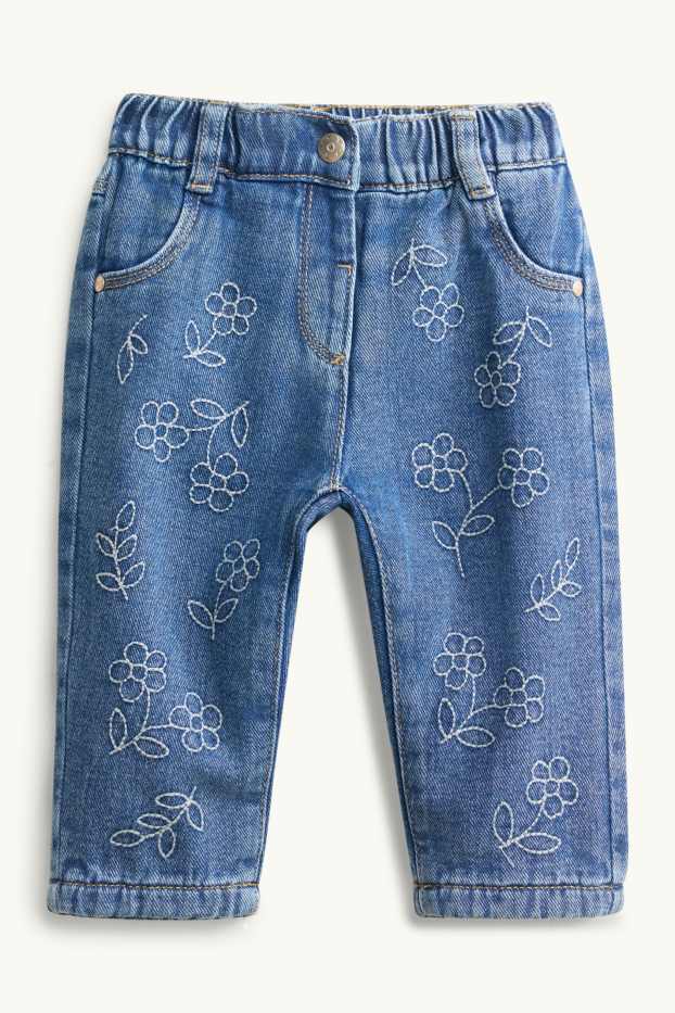 Bebeluși - fete - Floricele - jeans termoizolanți bebeluși - denim-albastru