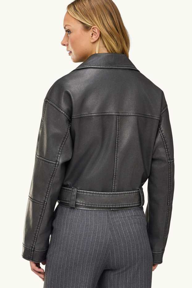 Femmes - Blouson motard avec ceinture - matière synthétique - noir