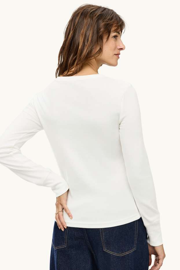 Femei - Tricou cu mânecă lungă - slim fit - reiat - alb
