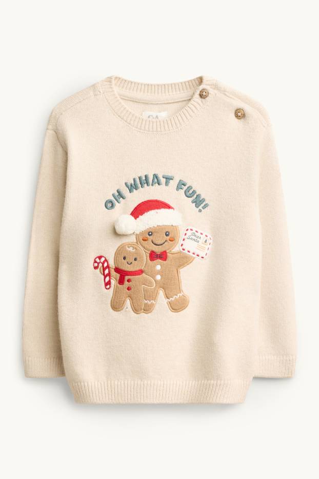 Bebeluși - băieți - Omuleț de turtă dulce - pulover bebeluși, cu motive de Crăciun - alb-crem