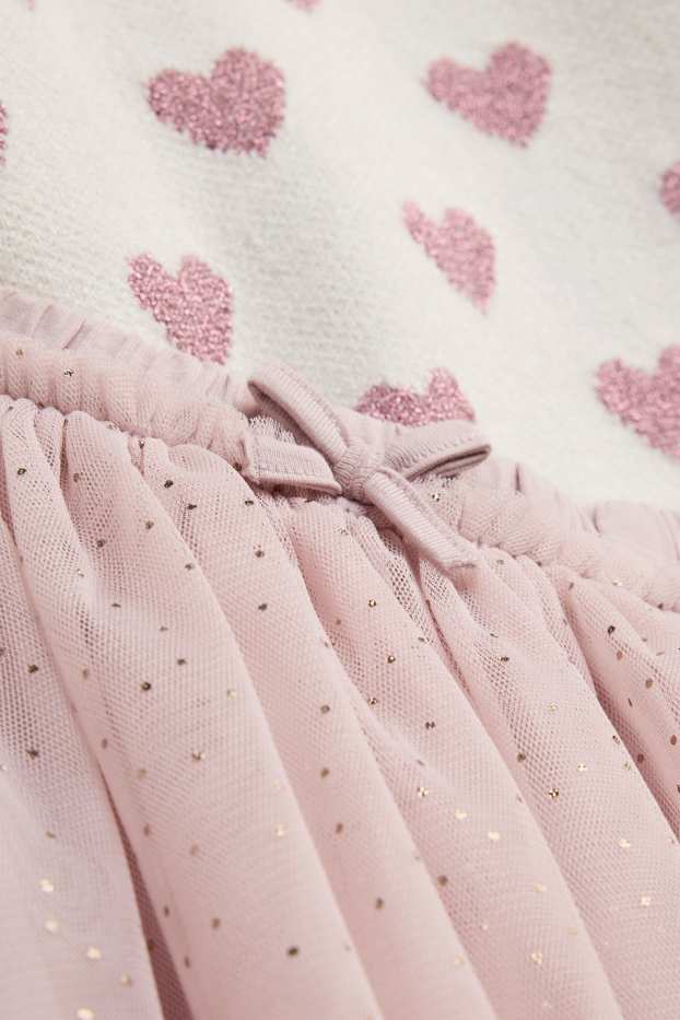 Baby: meisjes - Hartje - baby-outfit - 2-delig - glanseffect - wit / fuchsiarood
