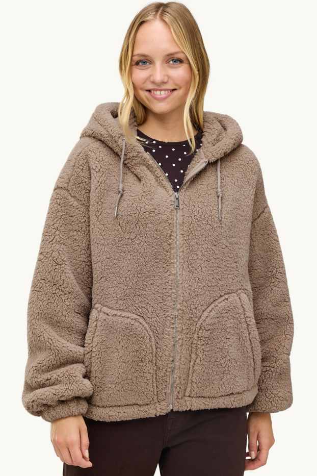 Femmes - Veste en peluche avec capuche - marron clair