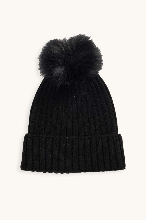 Kinderen: meisjes - Muts met pompon - ribstof - glanseffect - zwart