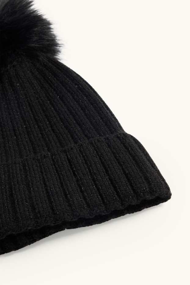 Kinderen: meisjes - Muts met pompon - ribstof - glanseffect - zwart