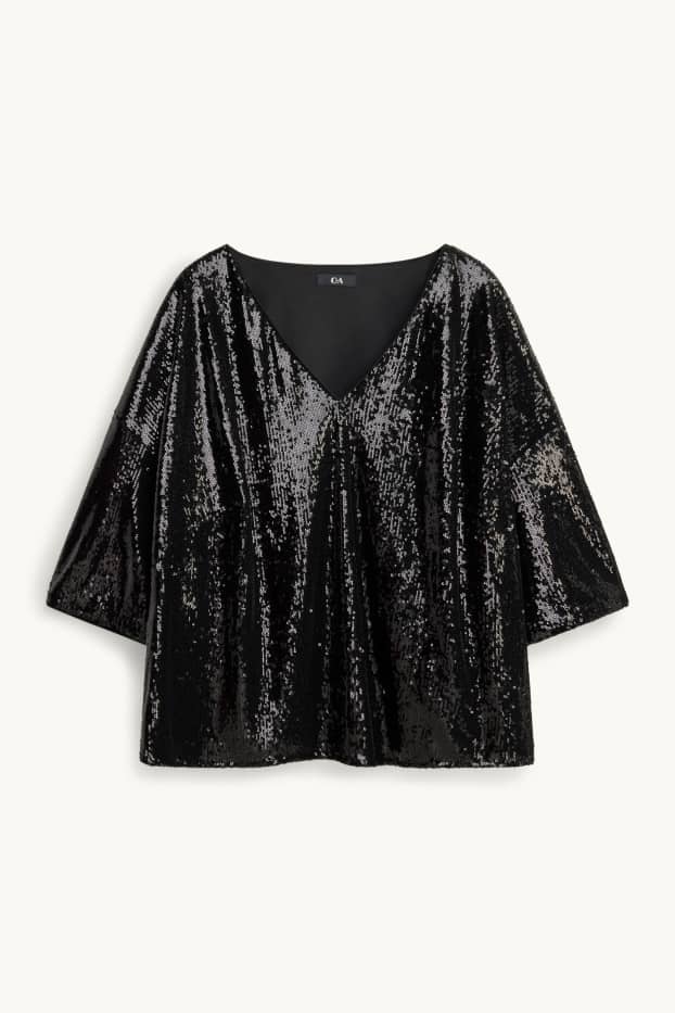 Dames - Blouse met pailletten en V-hals - zwart / zilver