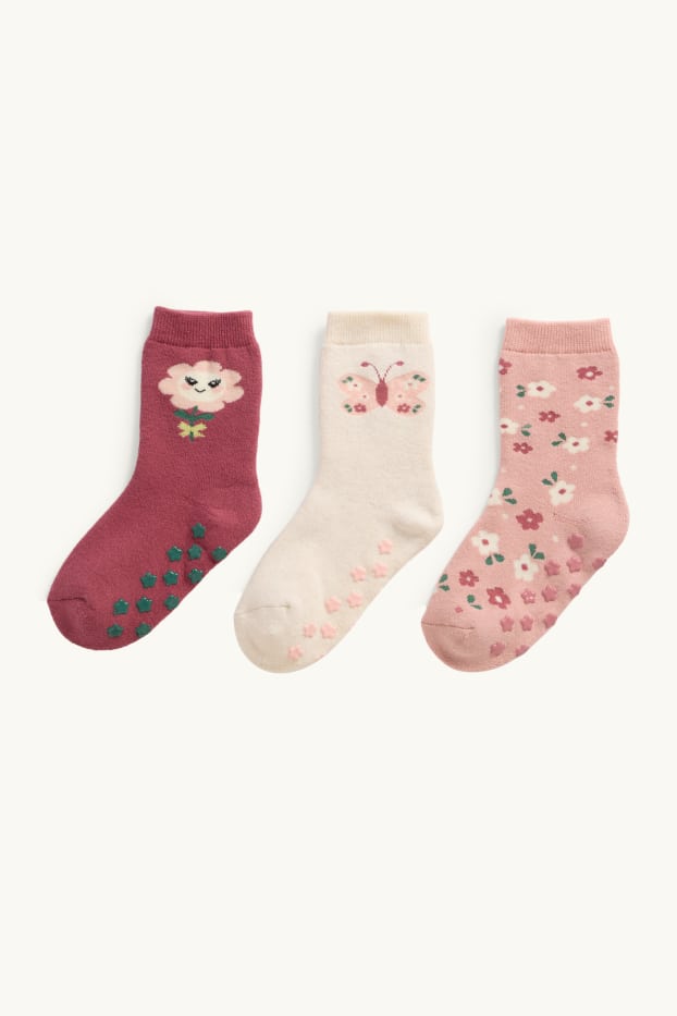 Kinder Mädchen - Multipack 3er - Blume - Noppensocken mit Motiv - rosa / beige