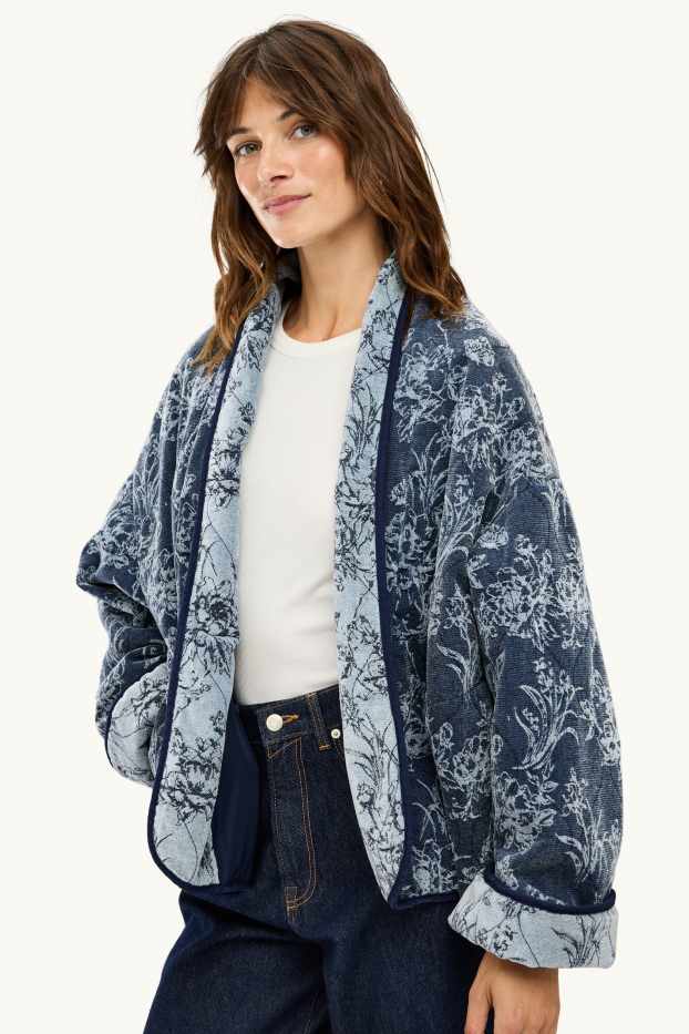 Femei - Kimono de blugi - cu flori - denim-albastru închis