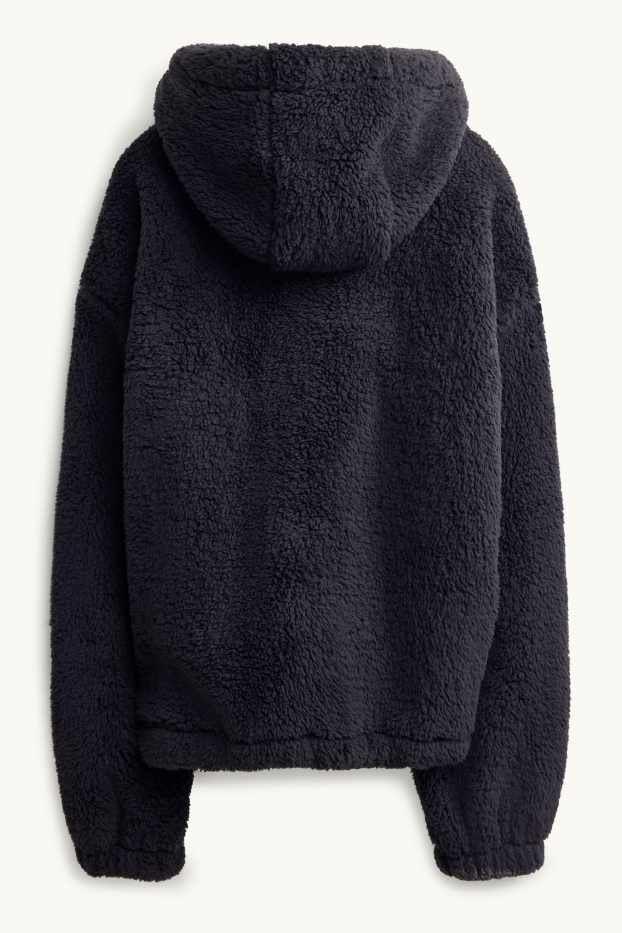 Damen - Teddy-Jacke mit Kapuze - schwarz