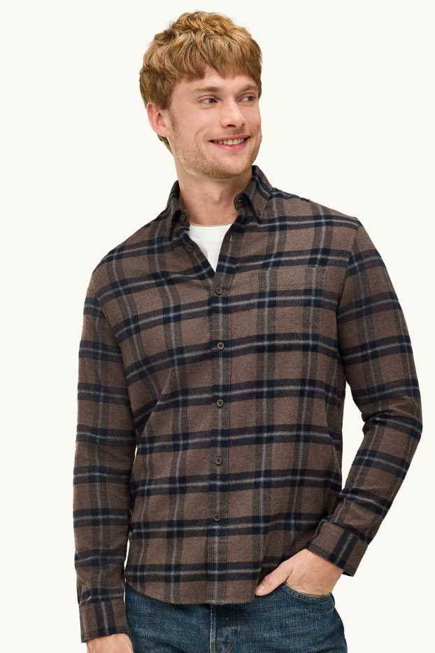 Pánské - Košile - regular fit - button-down - kostkovaná - hnědá/tmavomodrá
