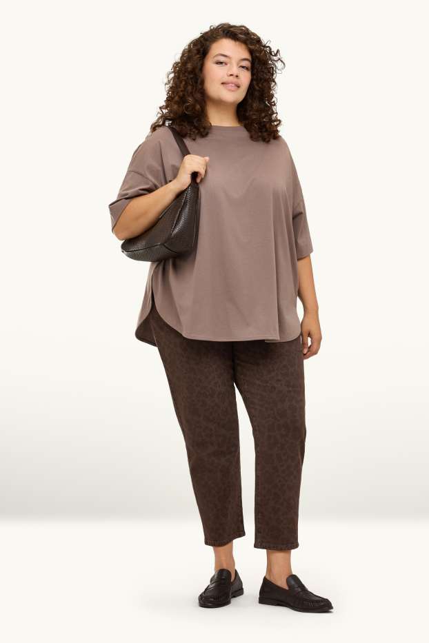 Femei - Mom jeans - talie înaltă - LYCRA ® - imprimeu de leopard - maro închis