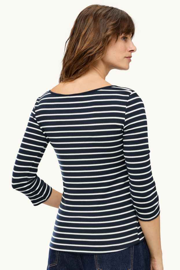 Femmes - Haut à manches longues - slim fit - finition côtelée - à rayures - bleu foncé / blanc