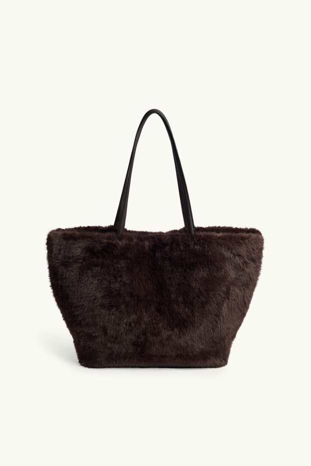 Dámské - Velká kabelka shopper z umělé kožešiny - tmavohnědá