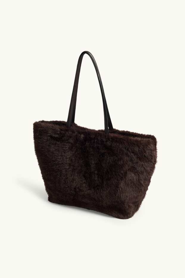 Dámské - Velká kabelka shopper z umělé kožešiny - tmavohnědá