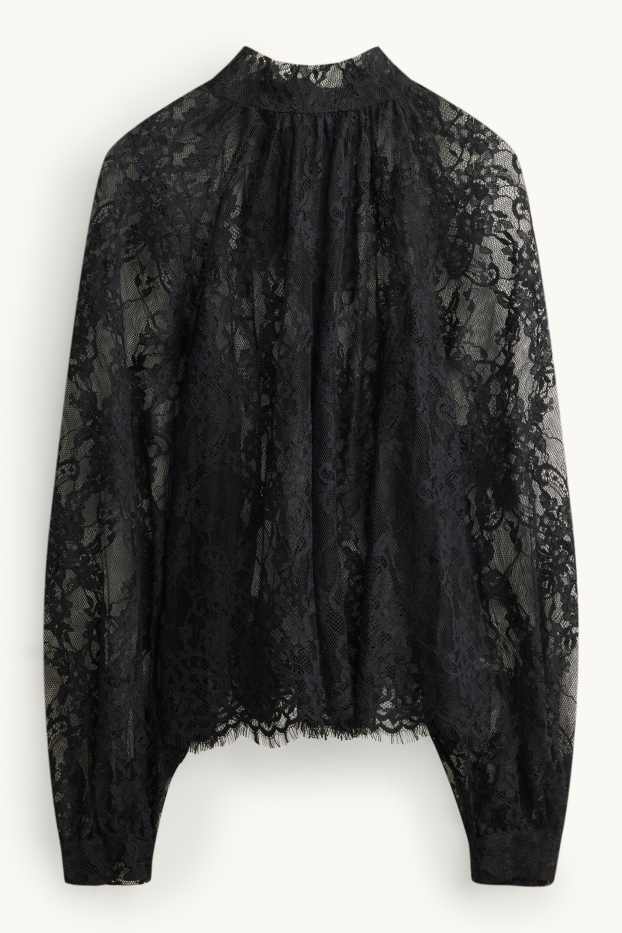 Dames - Blouse van kant, met drapering - zwart