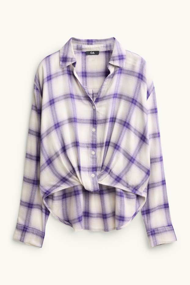 Dames - Overhemdblouse - geruit - paars / wit