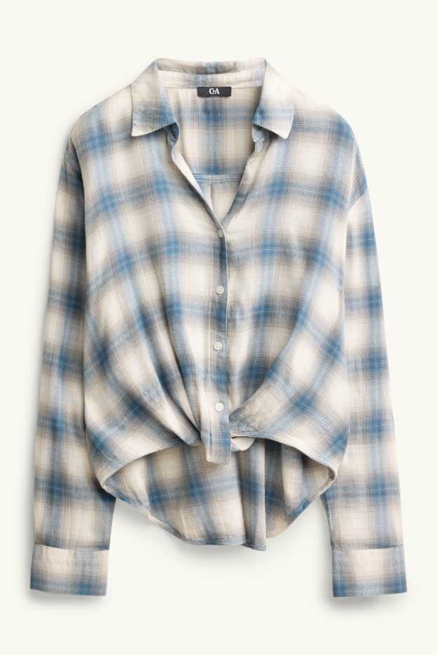 Dames - Overhemdblouse - geruit - blauw / wit