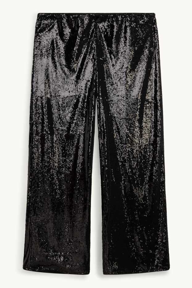 Dámské - Pajetkové kalhoty - high waist - wide leg - černá