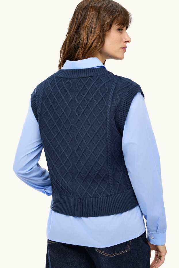 Damen - Pullunder - 2-in-1-Look - Zopfmuster - blau / dunkelblau