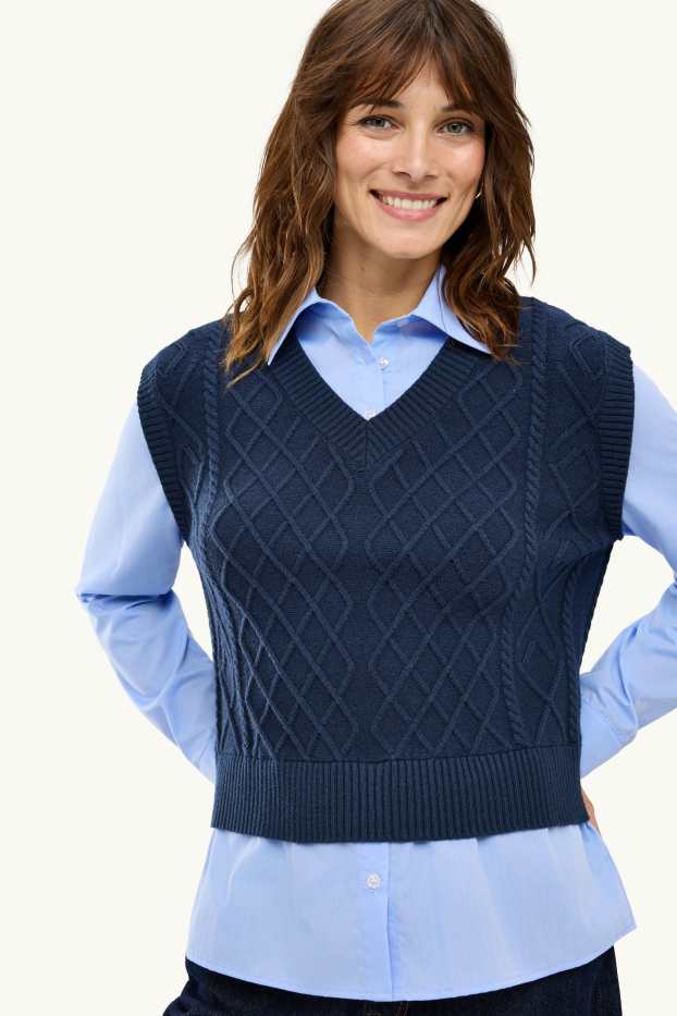Damen - Pullunder - 2-in-1-Look - Zopfmuster - blau / dunkelblau