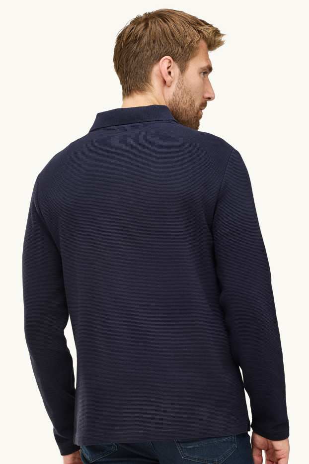 Men - Long sleeve polo shirt - regular fit - ribbed - dark blue