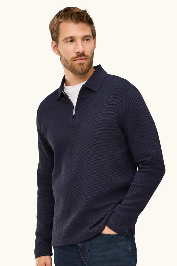 Men - Long sleeve polo shirt - regular fit - ribbed - dark blue