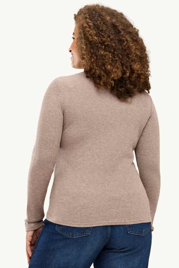 Women - Turtleneck top - ribbed - light brown