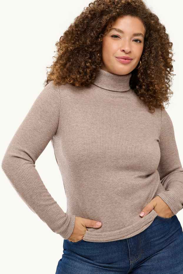 Women - Turtleneck top - ribbed - light brown