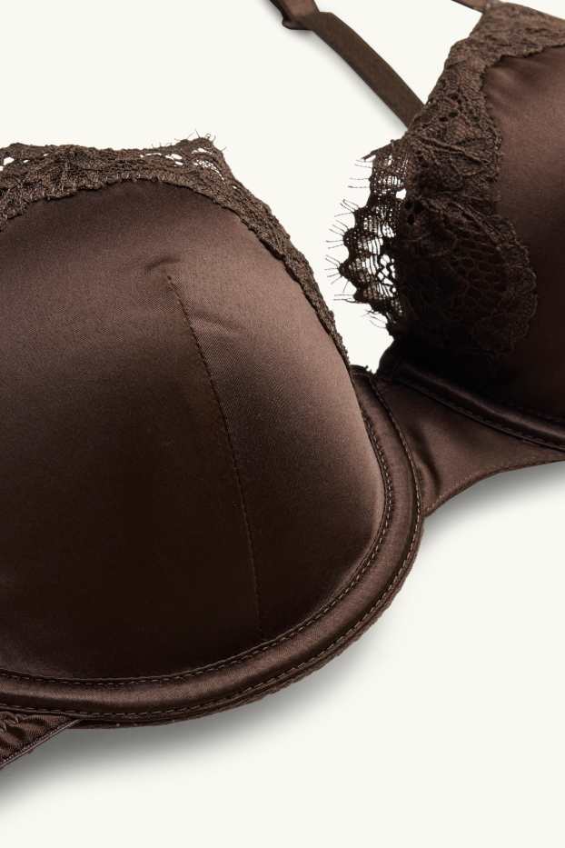 Femei - Sutien din satin cu armătură - DEMI - vătuit - maro închis