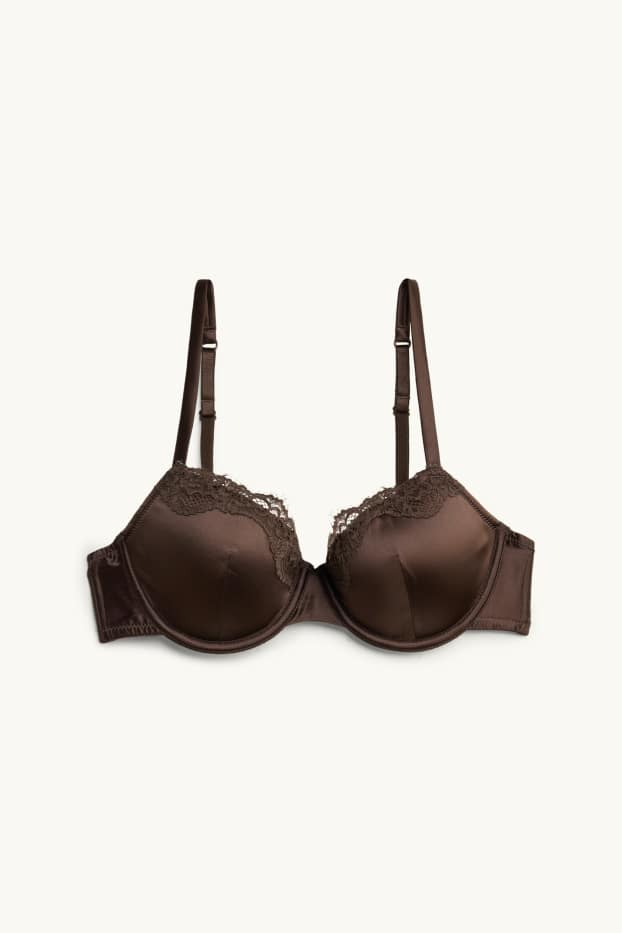 Femei - Sutien din satin cu armătură - DEMI - vătuit - maro închis