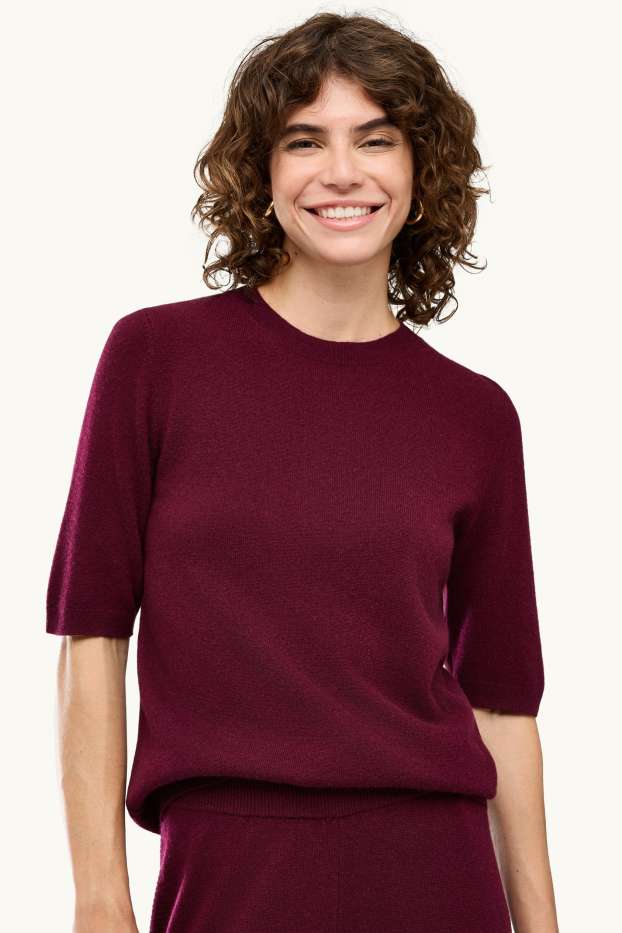 Donna - Maglione in cashmere - a maniche corte - bordeaux