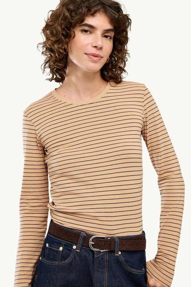 Dames - Longsleeve - slim fit - gestreept - beige / blauw
