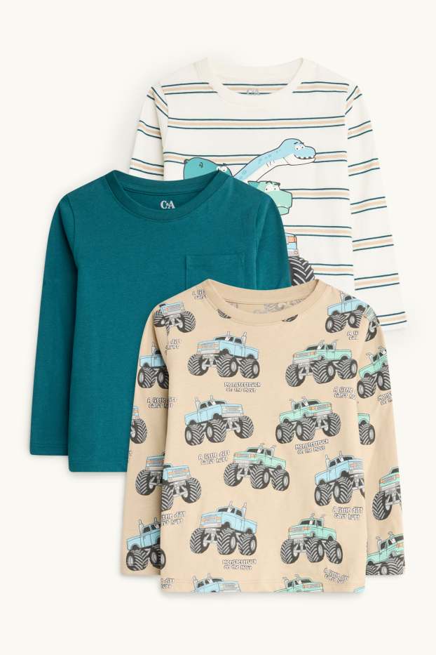 Kinder Jungen - Multipack 3er - Dino und Monstertruck - Langarmshirt - weiss / blau