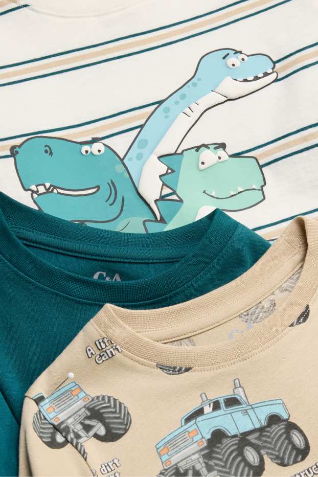Kinder Jungen - Multipack 3er - Dino und Monstertruck - Langarmshirt - weiss / blau