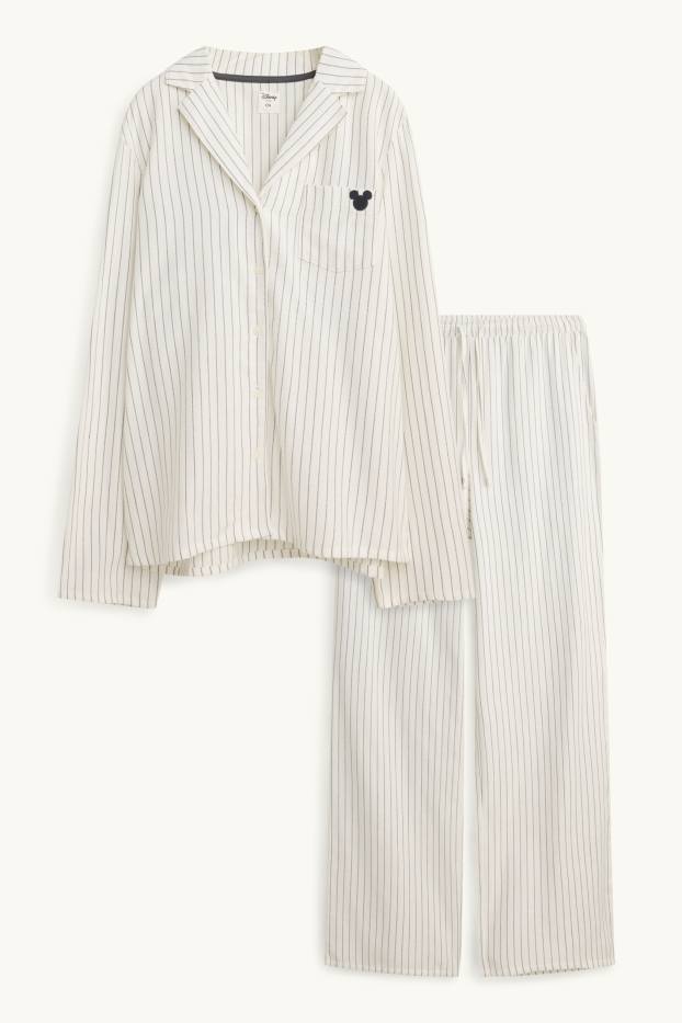 Women - Flannel pyjamas - striped - Mickey Mouse - white / black