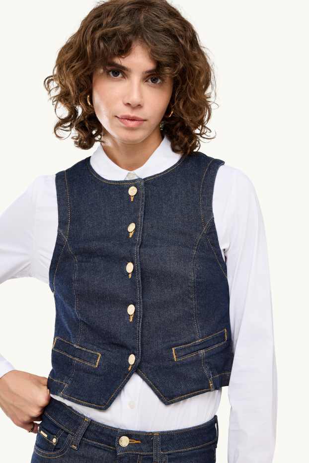 Donna - Gilet di jeans - sciancrato - LYCRA ® - jeans blu scuro