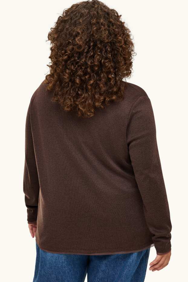 Dámské - Tričko s dlouhým rukávem s výstřihem ve tvaru V - curvy fit - hnědá