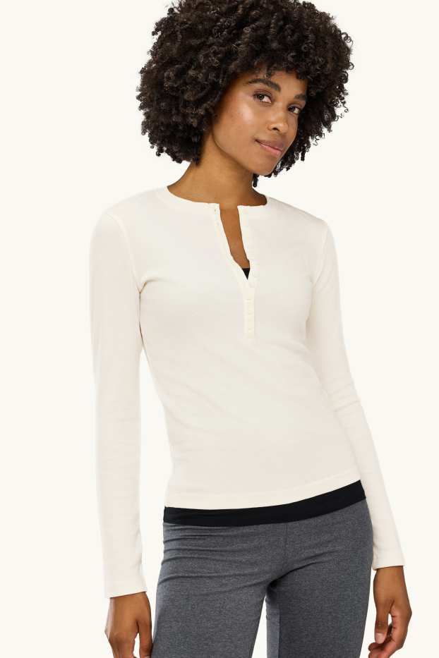Femei - Tricou henley - slim fit - reiat - alb