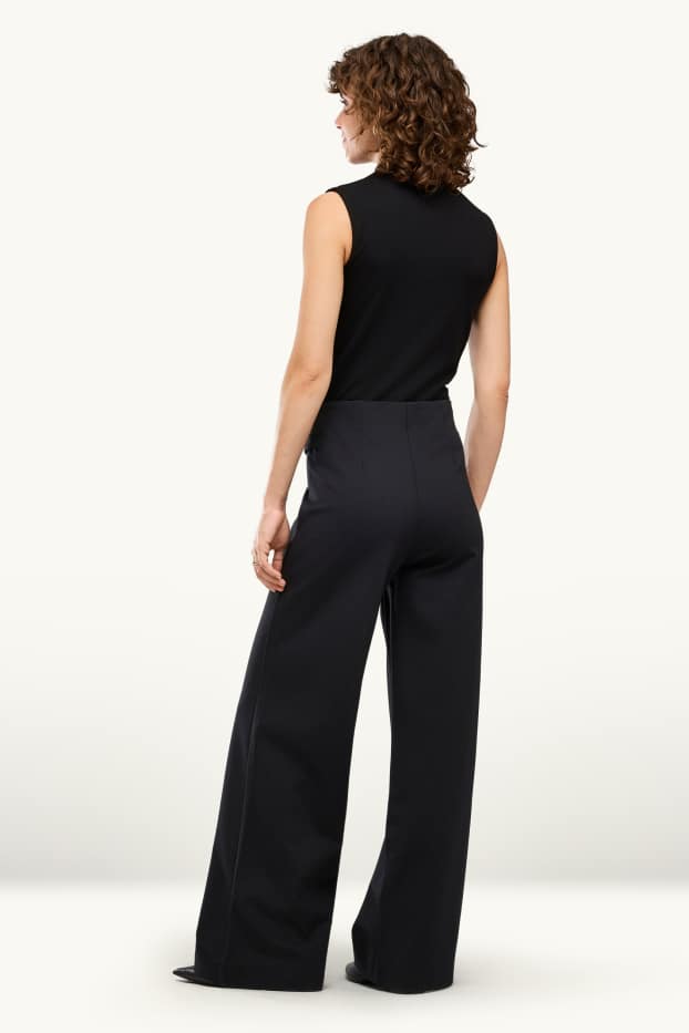 Femei - Pantaloni din jerseu - talie înaltă - wide leg - negru