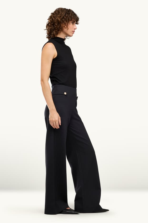 Femei - Pantaloni din jerseu - talie înaltă - wide leg - negru
