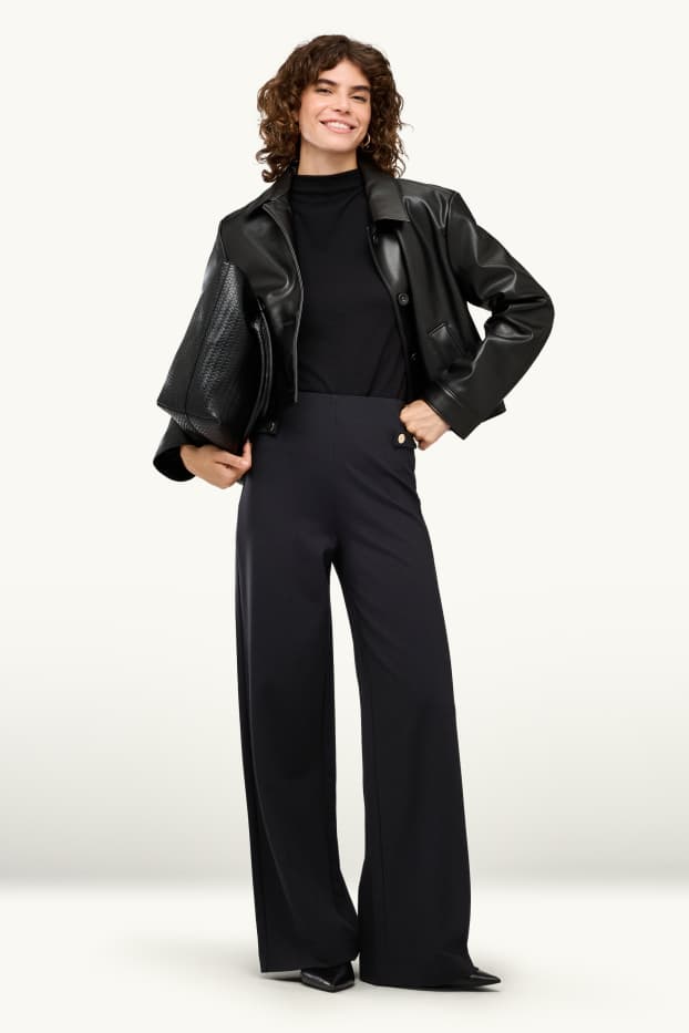 Femei - Pantaloni din jerseu - talie înaltă - wide leg - negru