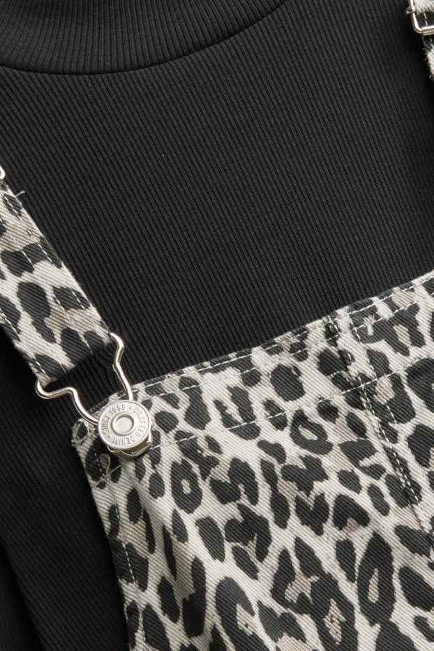 Kinder Mädchen - Set - Langarmshirt und Jeans-Latzkleid - 2 teilig - schwarz