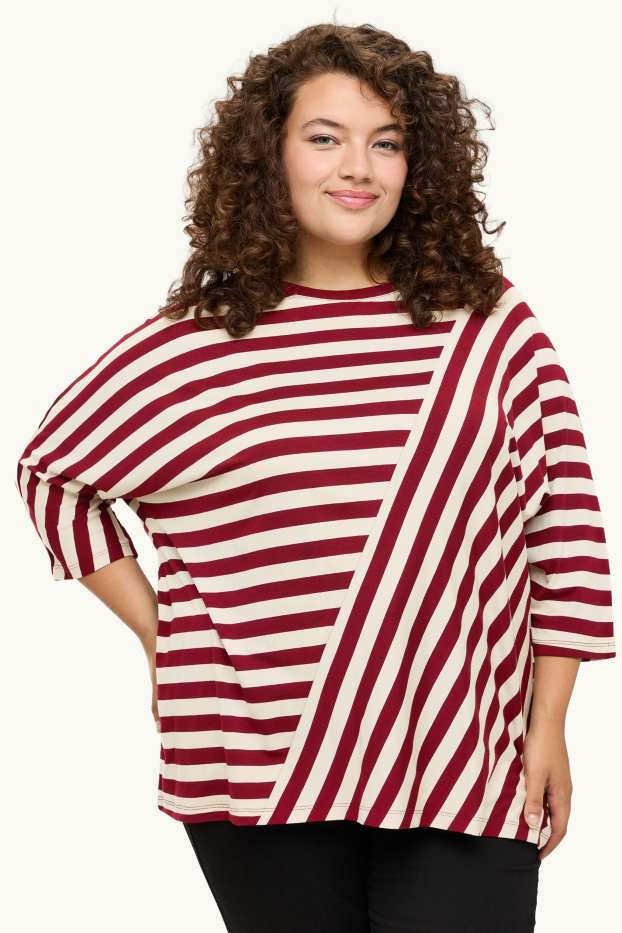 Dames - T-shirt - regular fit - gestreept - beige / bordeaux