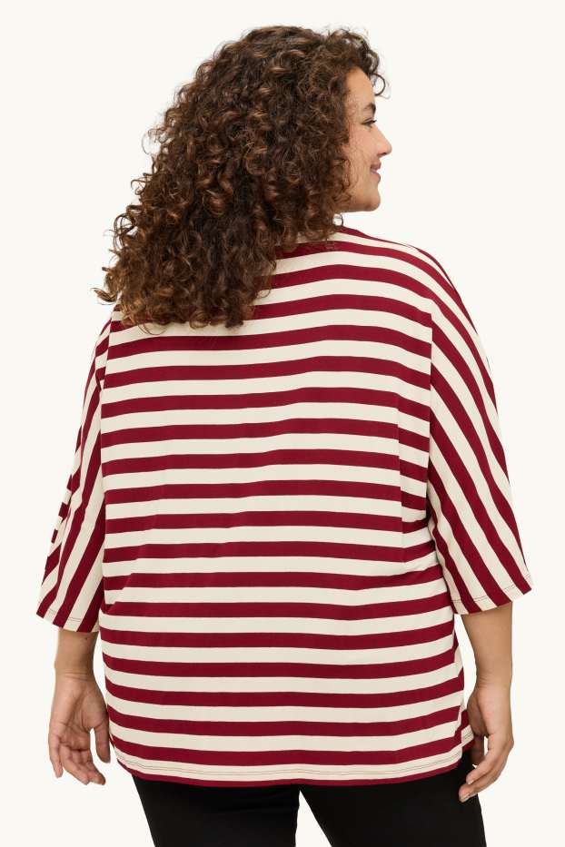 Dames - T-shirt - regular fit - gestreept - beige / bordeaux
