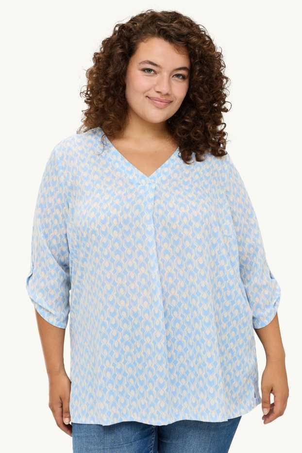 Dames - Blouse met V-hals - met patroon - wit / lichtblauw