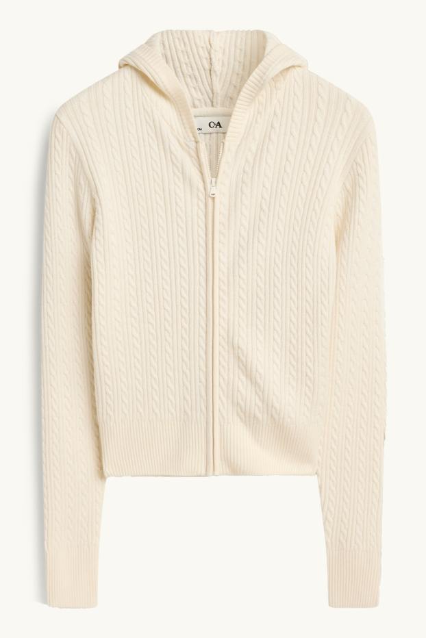 Bambine - Coordinato - cardigan e pantaloni di stoffa - 2 pezzi - motivo a treccia - crema