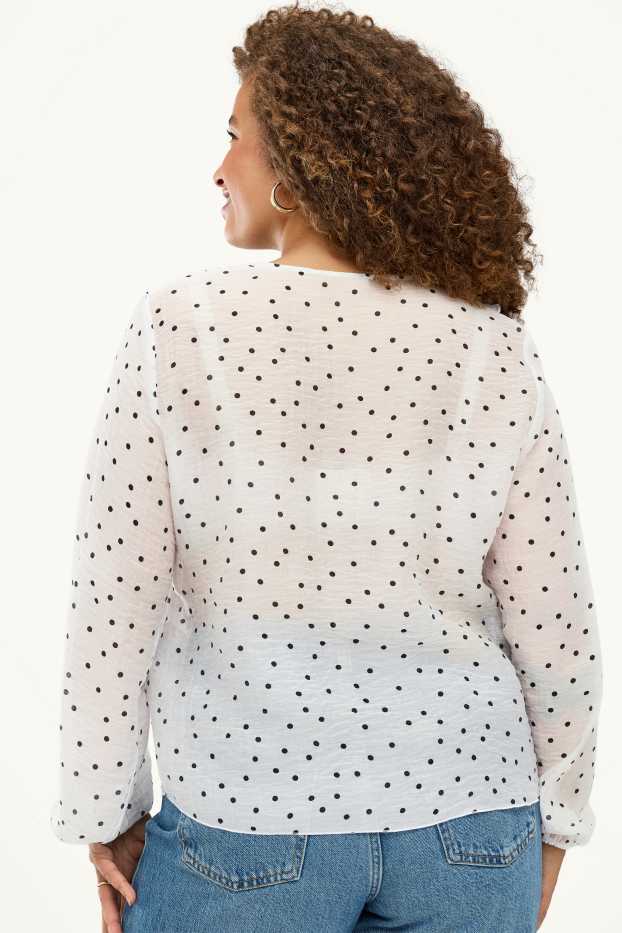 Women - Chiffon blouse with V-neck - polka dot - white / black