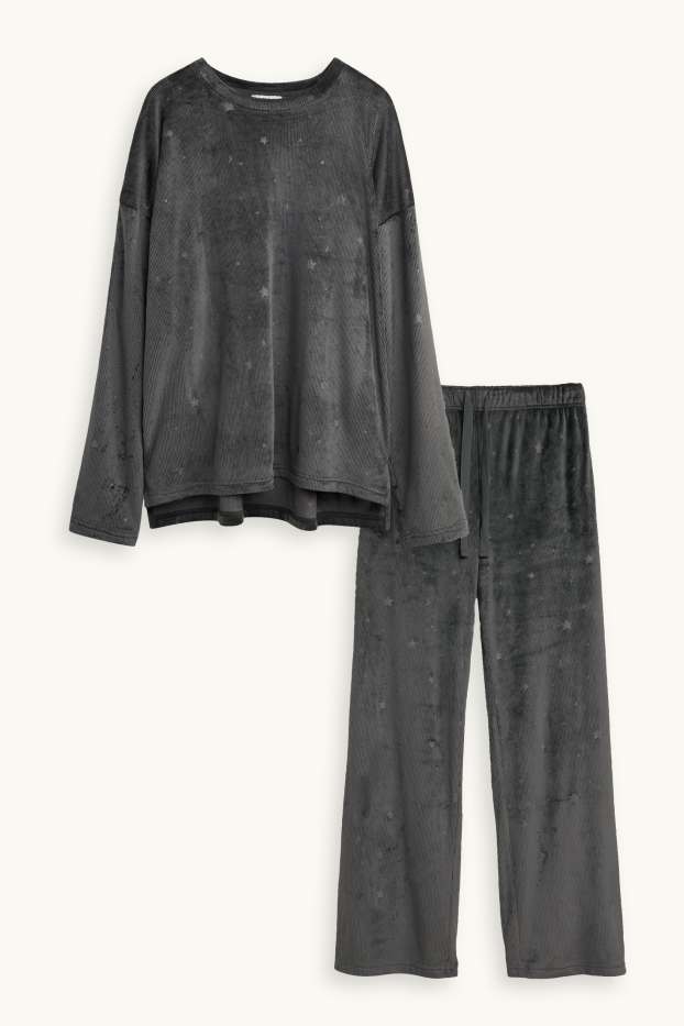 Dames - Winterpyjama - ribstof - met patroon - donkergrijs