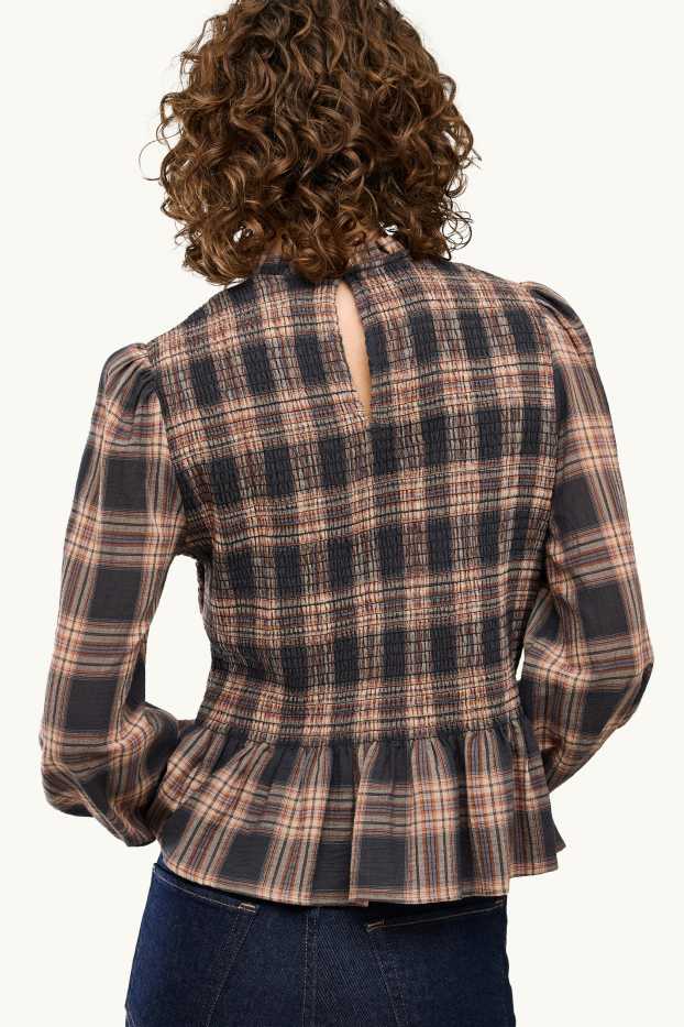 Women - Blouse - check - smocked - gray / brown