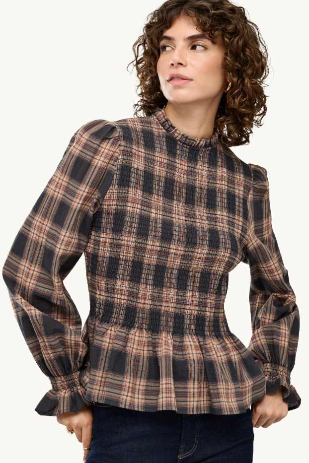 Women - Blouse - check - smocked - gray / brown