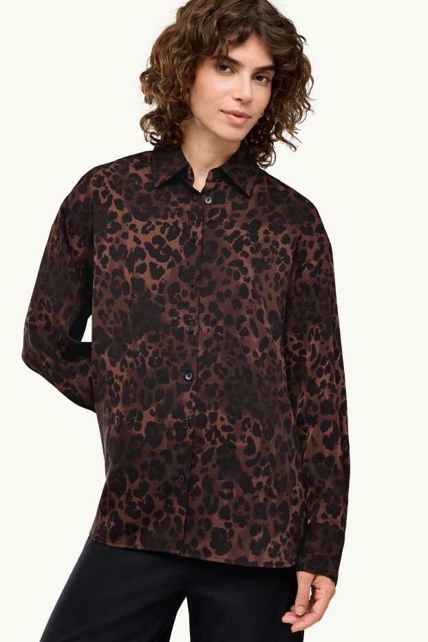 Donna - Camicetta - stampa leopardata - marrone scuro